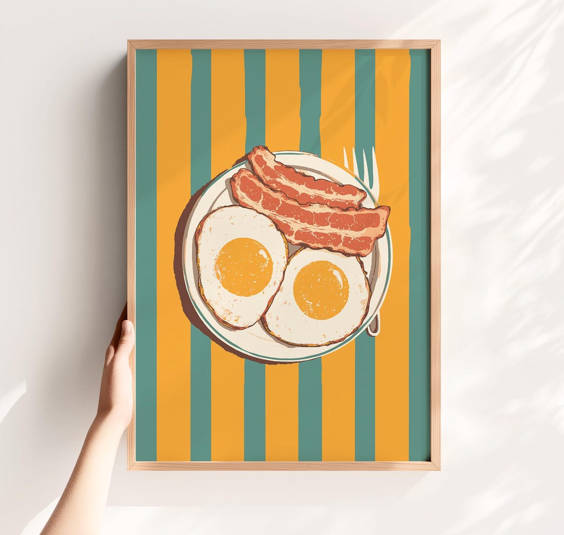 Retro Eggs And Bacon Breakfast Poster With Orange Striped Kitchen Art
