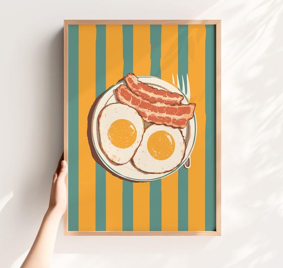 Eggs And Bacon Retro Breakfast Print Funny Kitchen Wall Art Brunch Diner Decor For Food Lovers