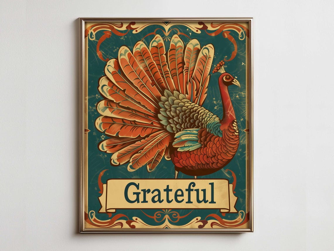 Grateful Turkey Autumn Plumage Vintage Teal Thanksgiving Poster