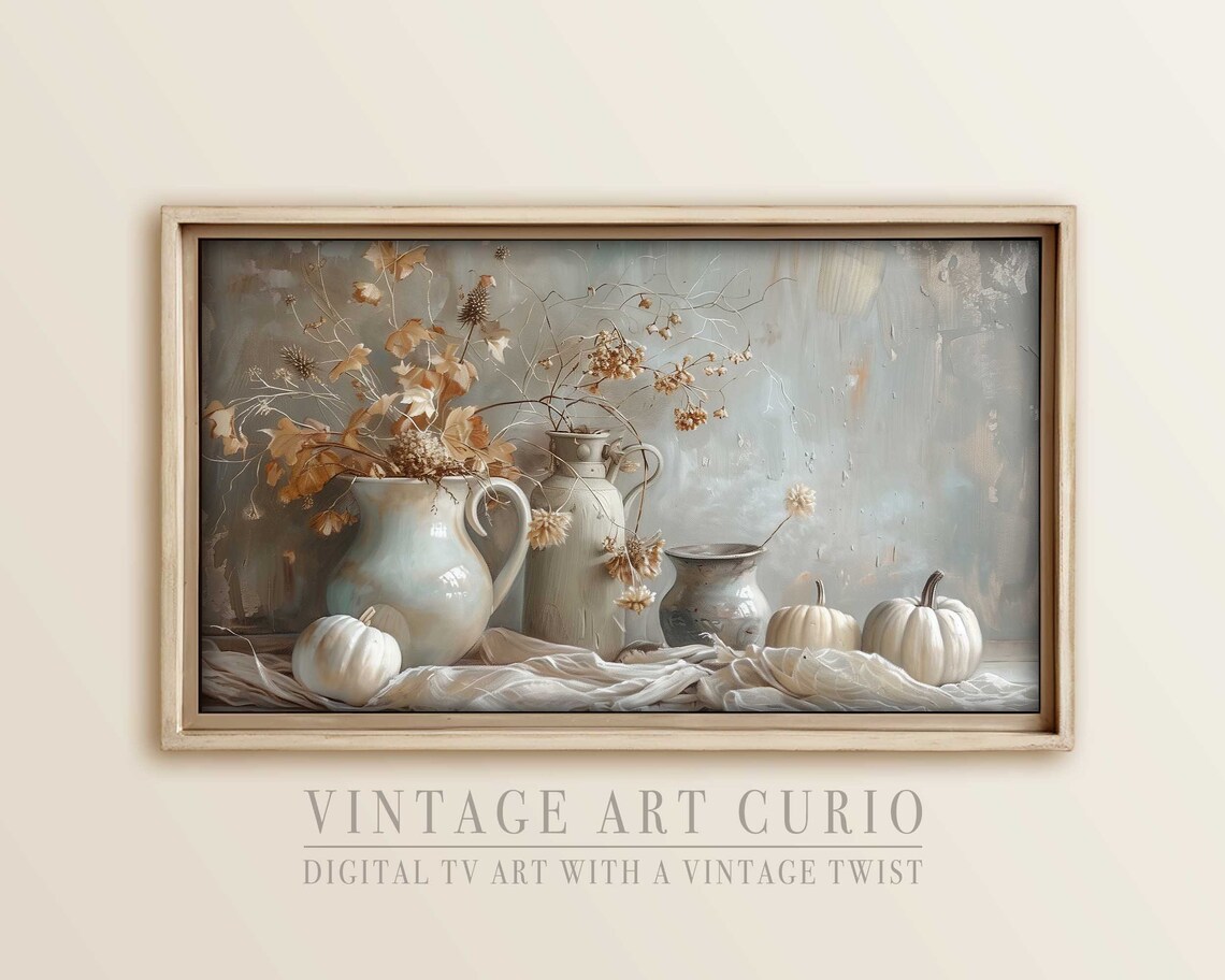 White Pumpkins and Ceramic Pitchers Fall Still Life Neutral Tone Poster