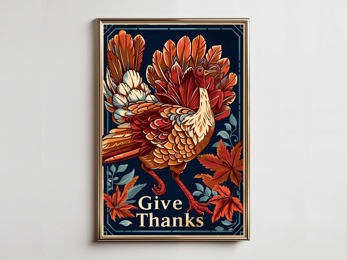 Give Thanks Decorative Turkey Autumn Maple Leaves Navy Poster