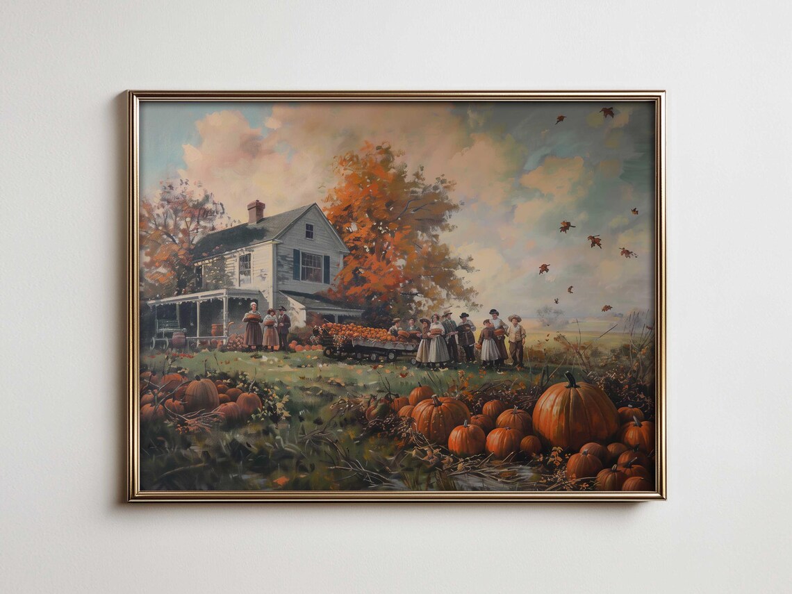 Autumn Pumpkin Harvest Farmhouse Falling Leaves Village Scene Poster