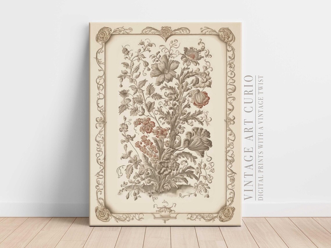 Vintage Floral Tapestry Art Print, Neutral Botanical Decor