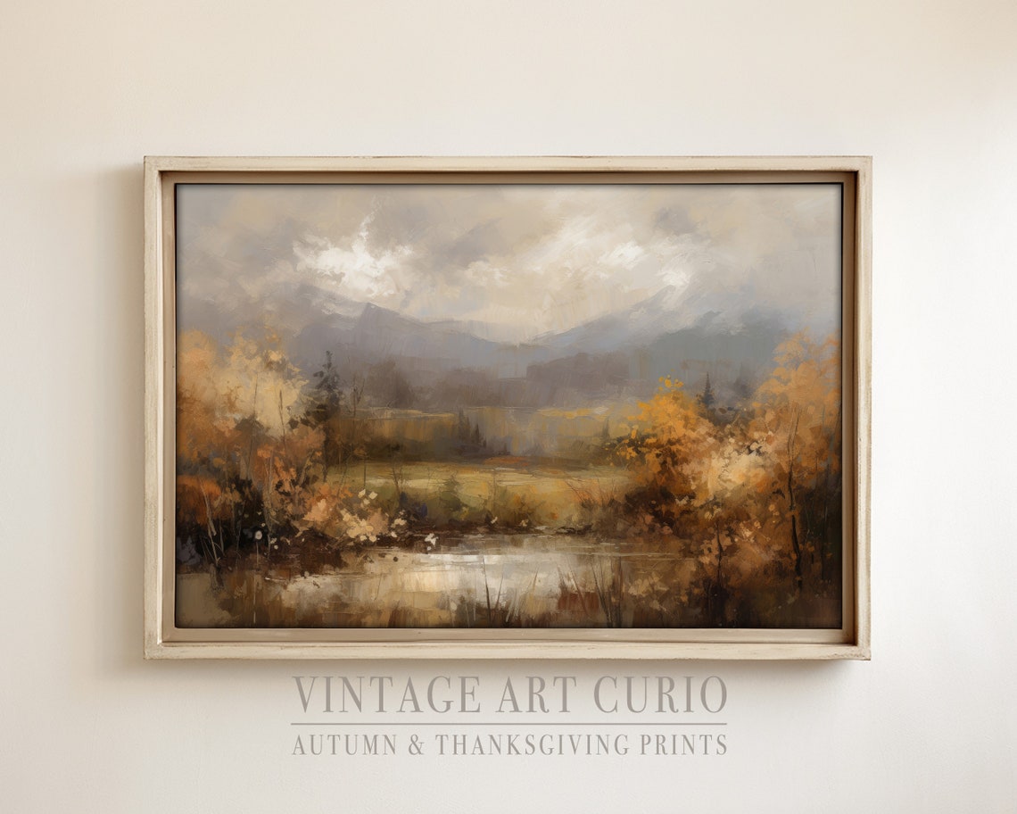 Golden Autumn Forest Marsh Misty Mountains Vintage Oil Painting Poster