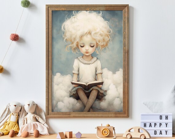 Little Girl Reading a Book Sitting on Clouds Dreamy Art Poster