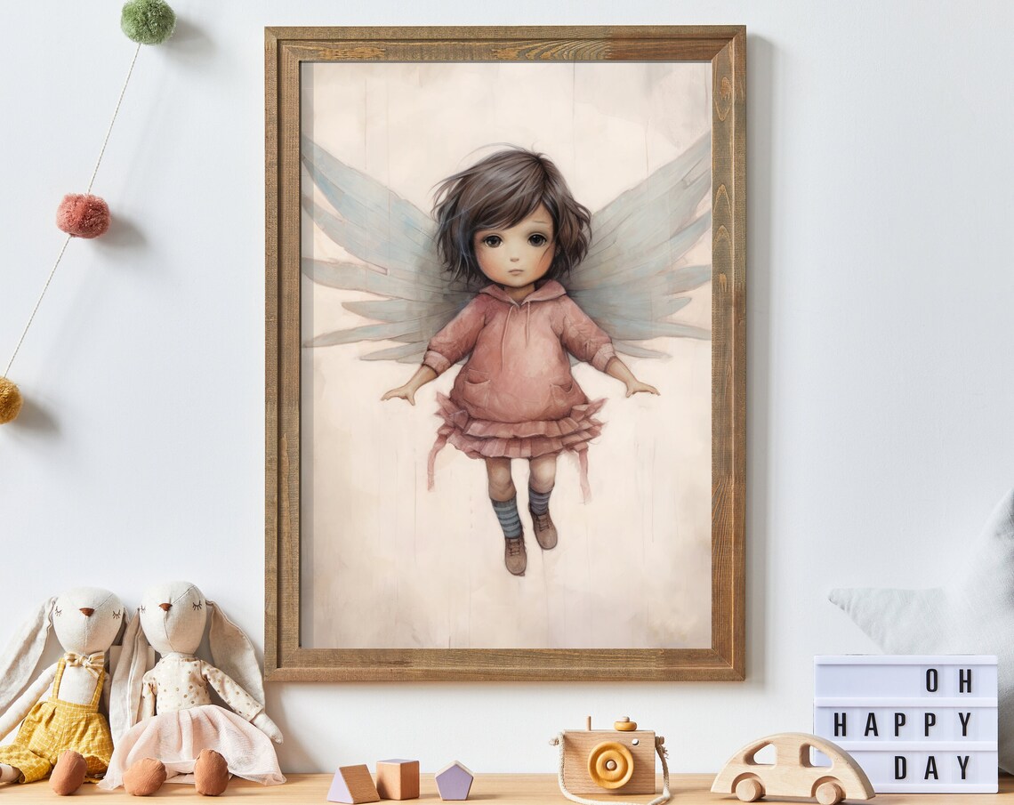Little Girl with Angel Wings in Pink Dress Nursery Art Poster