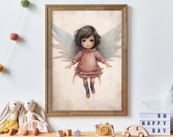 Little Girl with Angel Wings in Pink Dress Nursery Art Poster