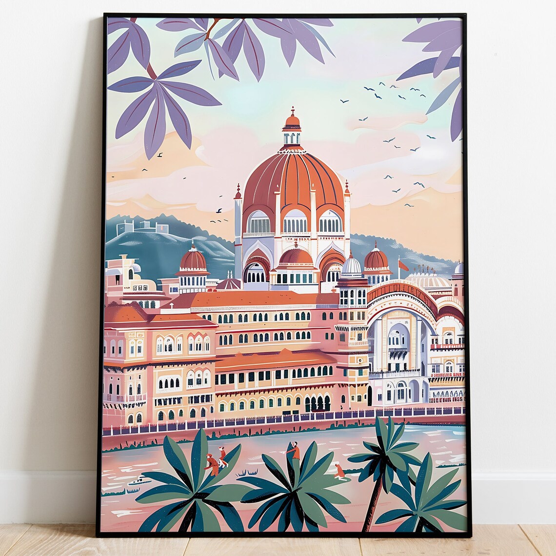 Pink Domed Delhi Monument Sunset Palms Pastel Indian Travel Poster
