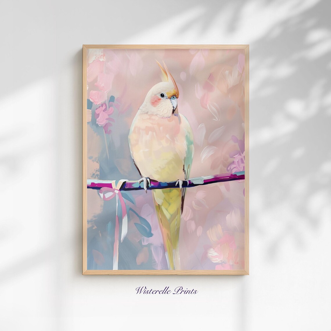 Yellow Cockatiel Pastel Bird Painting Pink Ribbon Perch Wall Art