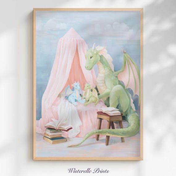 Dreamy Dragon Family Wall Art Print Pastel Whimsical Storybook Kids Room Decor