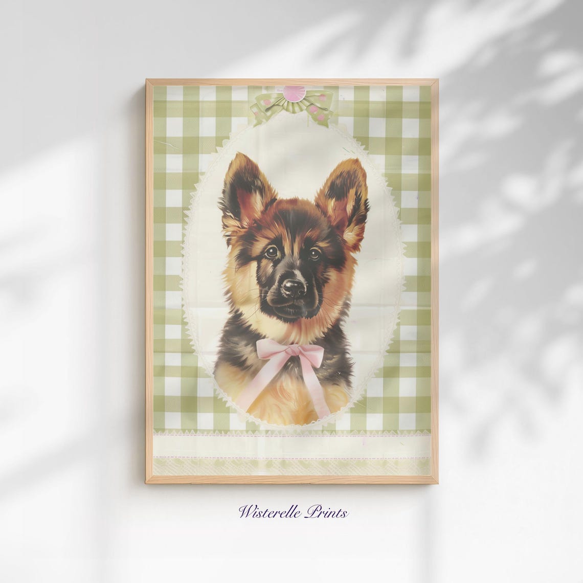 German Shepherd Puppy Oval Frame Sage Gingham Bow Dog Art Poster