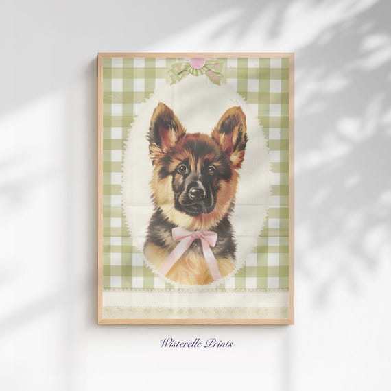 German Shepherd Puppy Gingham Nursery Print Sage Green Boys Decor