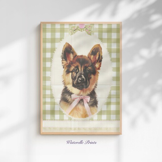 German Shepherd Puppy Oval Frame Sage Gingham Bow Dog Art Poster