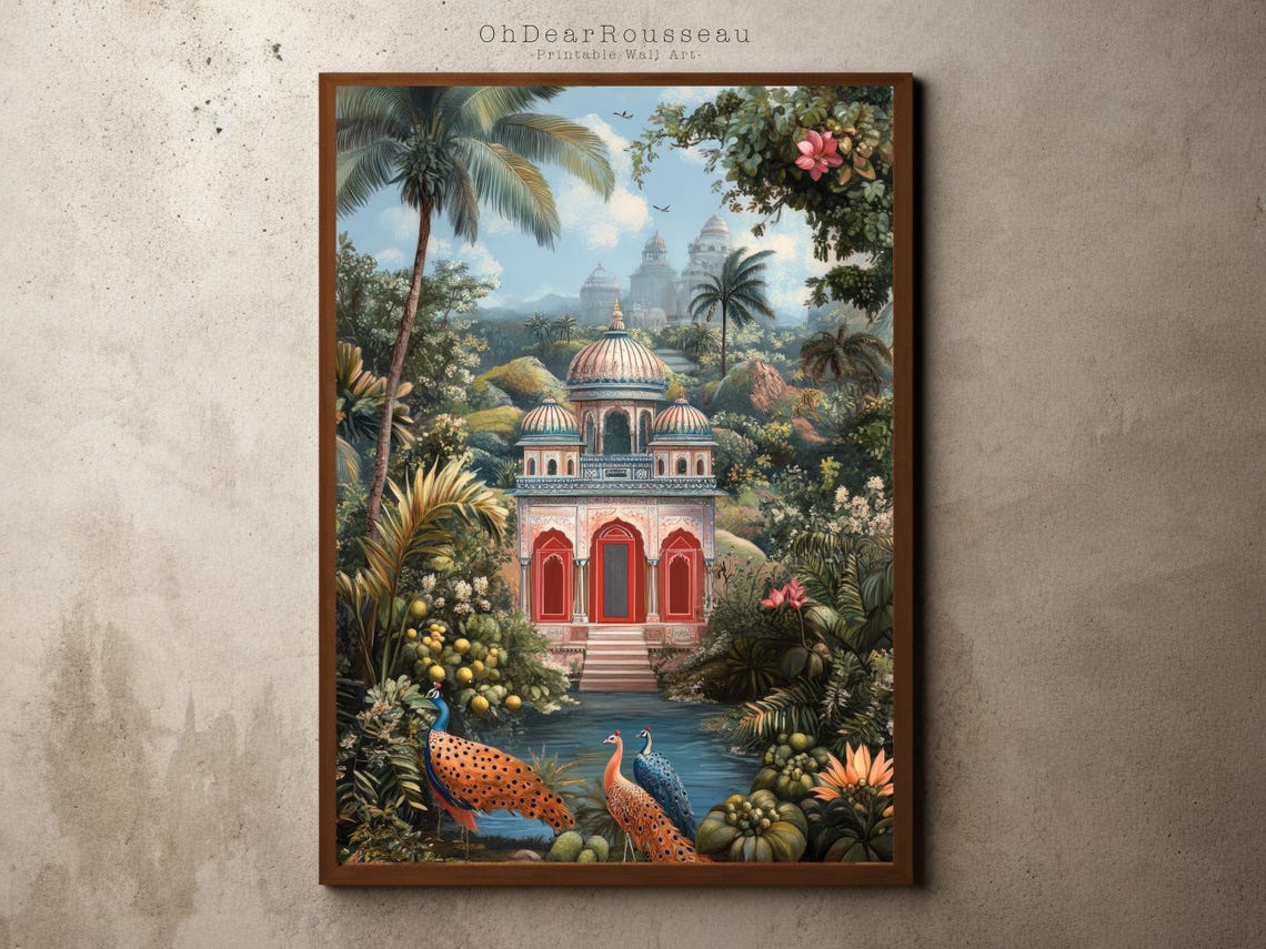 Serene Indian Domed Temple Garden Poster with Peacocks and Palms
