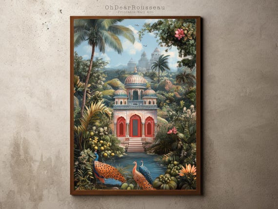 Miniature Art Print Serene Forest Temple Scene Rajasthani Mughal Painting Hindu Spiritual Wall Decor Nature Wildlife Artwork