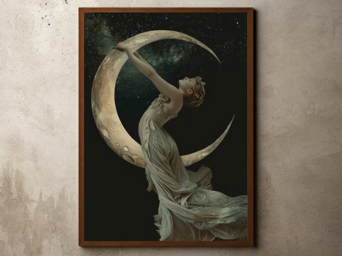 Crescent Moon Goddess Holding Moon Starry Night Celestial Poster