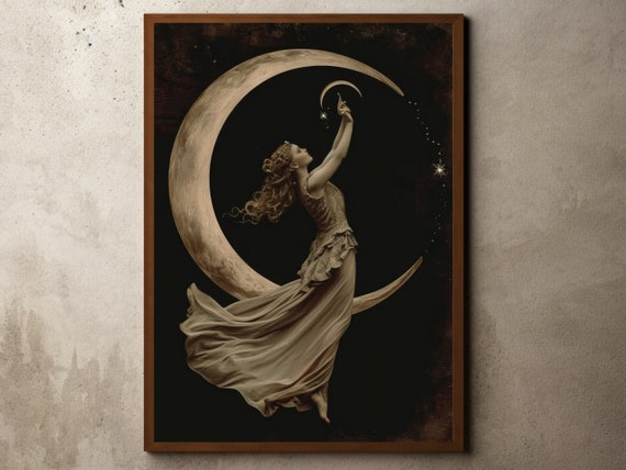 Vintage Moody Painting Dark Academia Decor Crescent Moon Stars Rustic Farmhouse Print Celestial Night Sky Art Antique