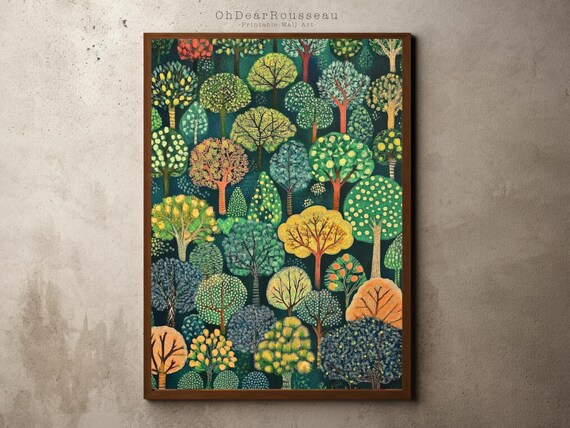 Whimsical Forest Art Print Vibrant Botanical Wall Colorful Nature Illustration Playful Tree Pattern Poster For Modern Home Decor