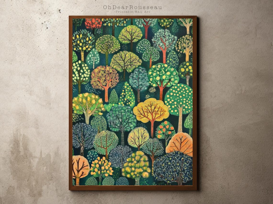 Colorful Folk Art Forest Canopy Whimsical Tree Pattern Poster