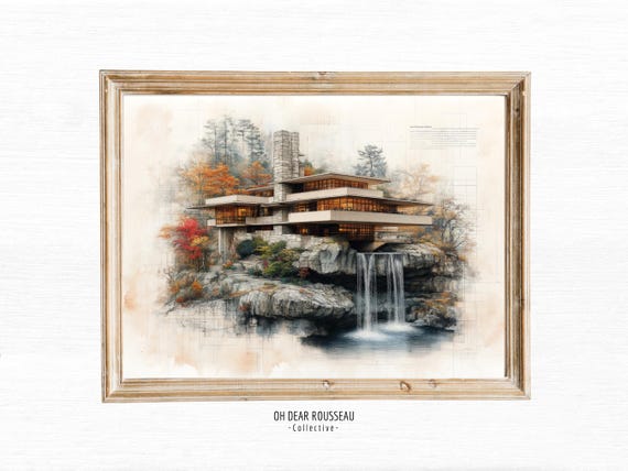 Fallingwater Inspired Architectural Art Print Modern Home Nature Fusion Frank Lloyd Wright Style Wall Decor For Office