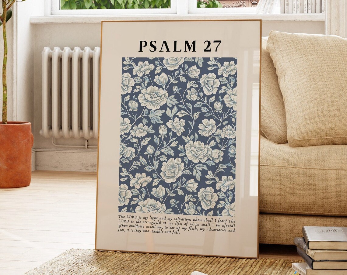 Psalm 27 Navy Vintage Christian Floral Art Print