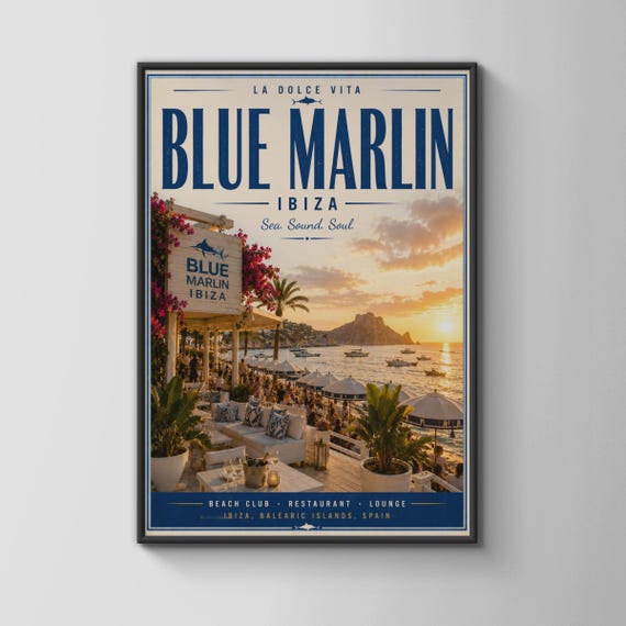Blue Marlin Ibiza Poster Beach Club Wall Art Sea Sound Soul Balearic Islands Decor