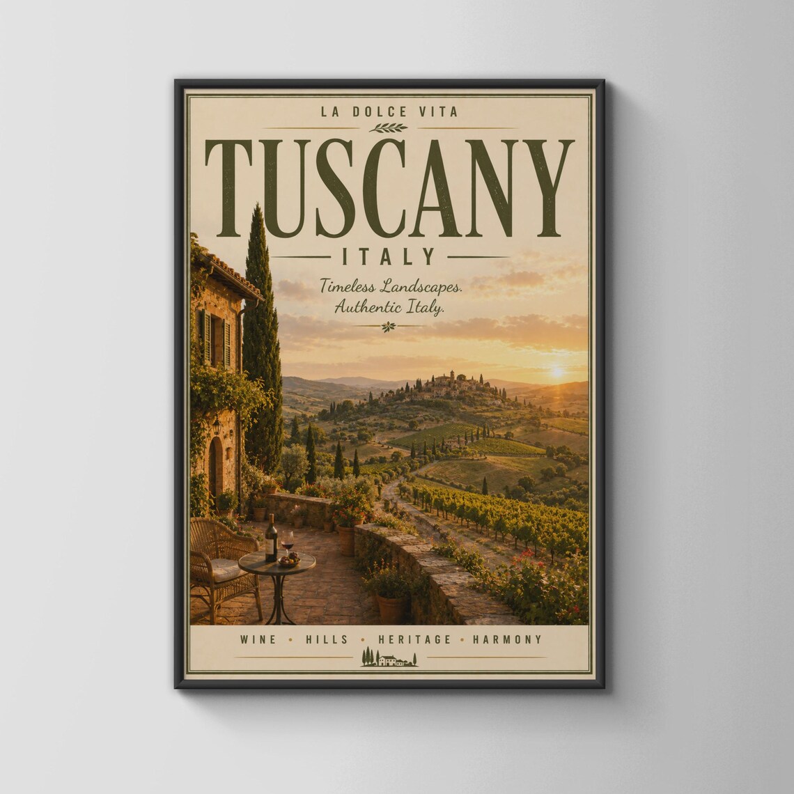 Tuscany Italy La Dolce Vita Sunset Vineyard Hills Vintage Travel Poster