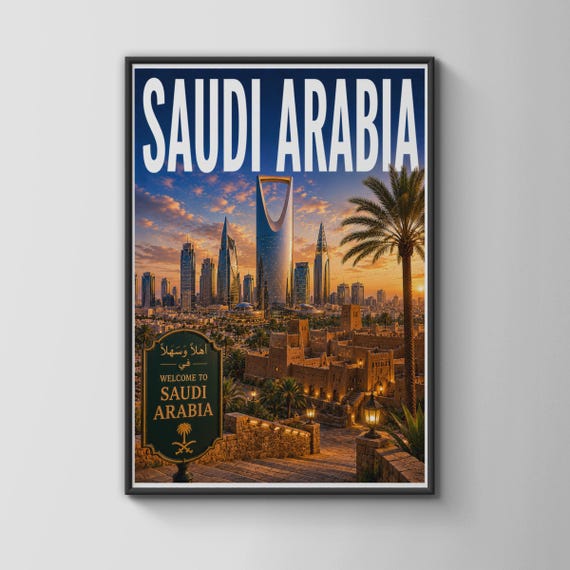 Saudi Arabia Travel Poster Riyadh Skyline Wall Art Kingdom Tower Print Middle East Decor