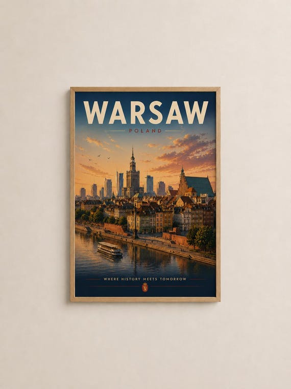 Warsaw Travel Poster, Vintage European Cityscape
