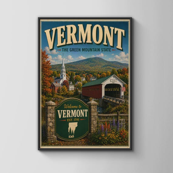 Vermont Travel Poster Green Mountain State Wall Art Covered Bridge Autumn New England Print