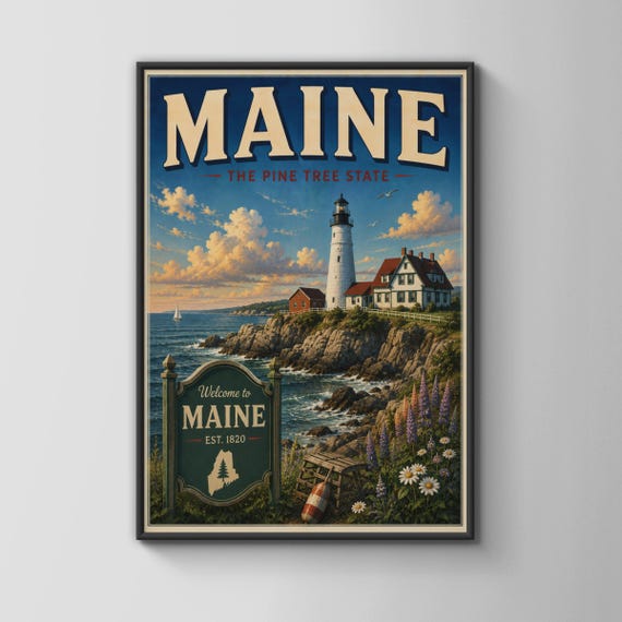 Maine Lighthouse Poster Pine Tree State Vintage Travel Wall Art New England Coast Print