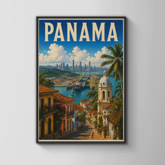 Panama Travel Poster Vintage Style Wall Art Canal City Print Retro Latin America Decor