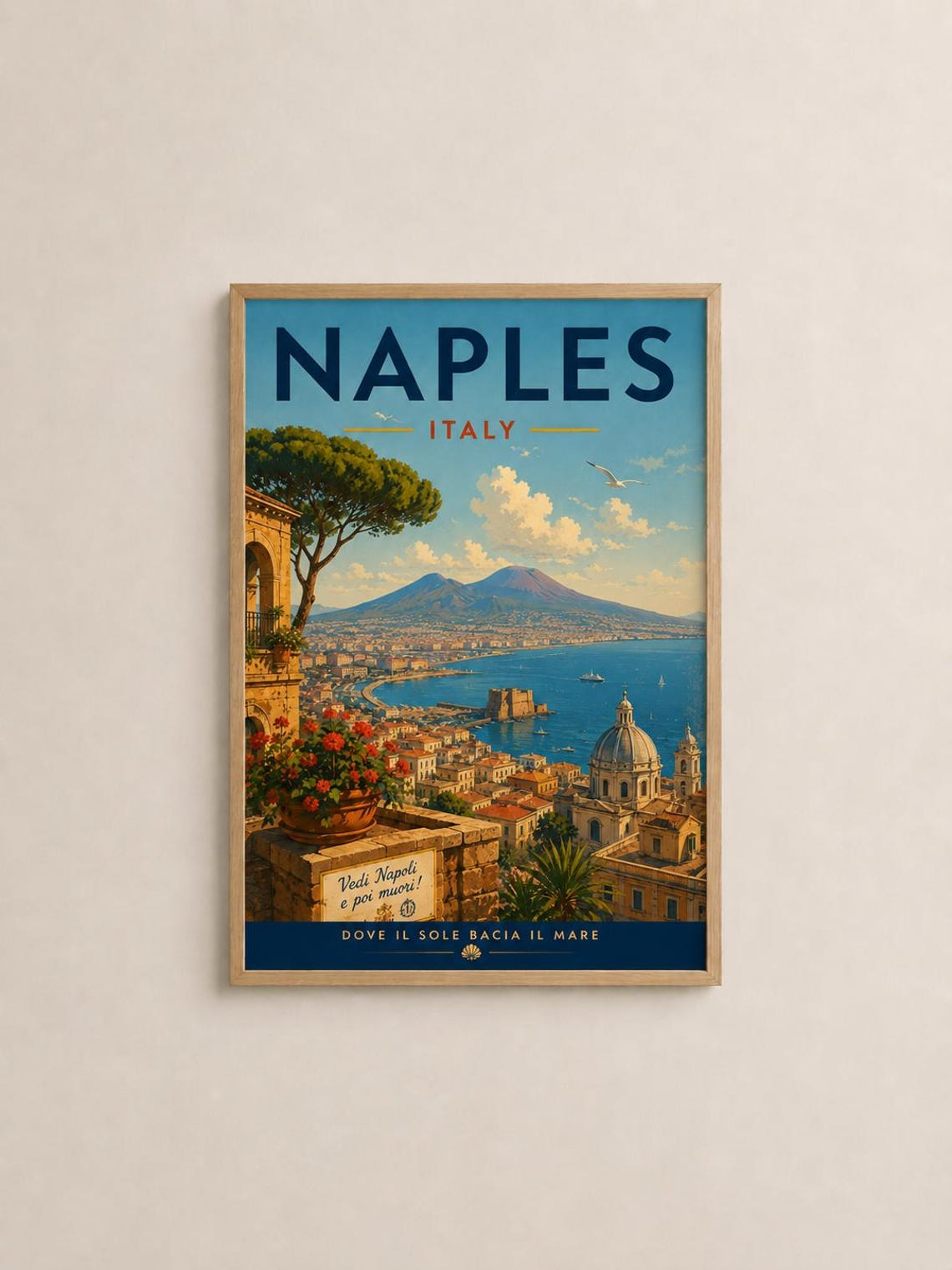 Naples Italy Bay With Mount Vesuvius Coast Vintage Travel Poster
