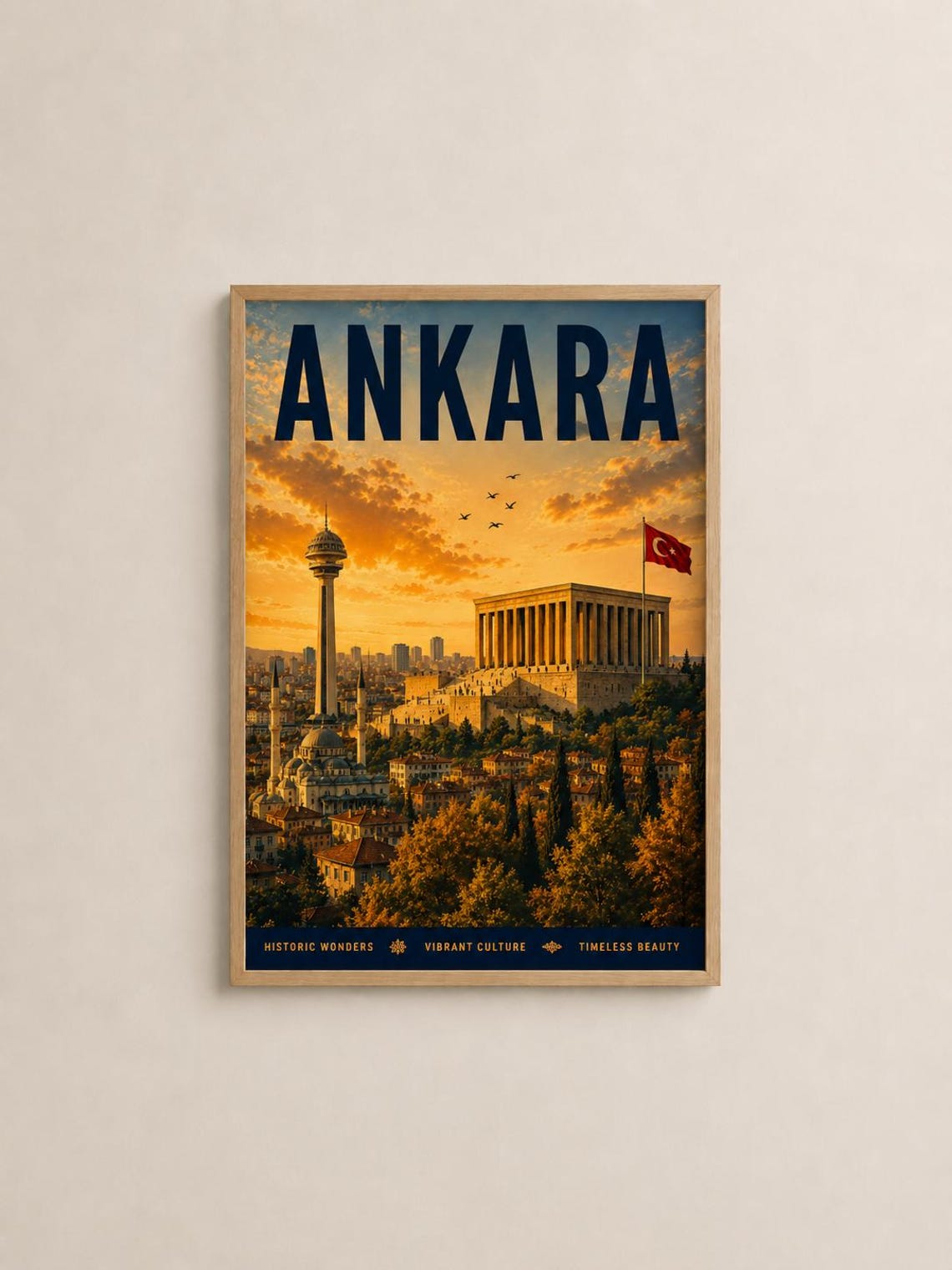 Ankara Turkey Capital Skyline Anitkabir Sunset Vintage Poster