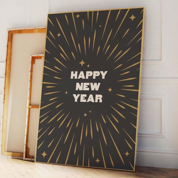 Happy New Year Gold Starburst Celebration Black Party Wall Poster