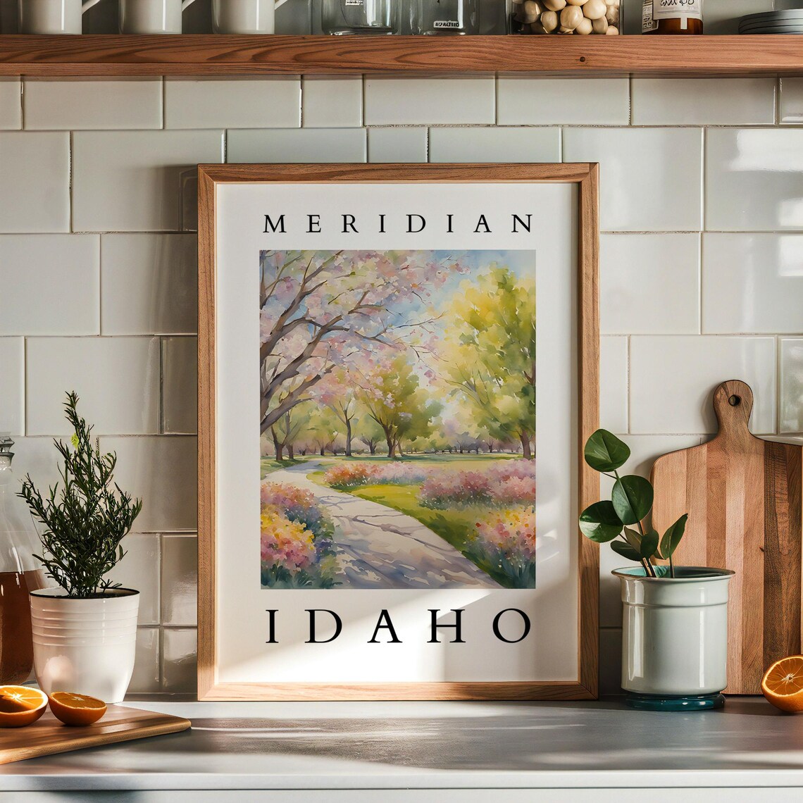 Meridian Idaho Spring Park Path With Blossoming Trees Watercolor Poster