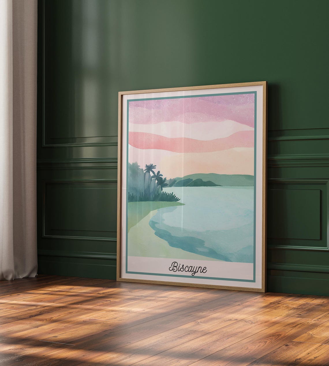 Biscayne Florida Tropical Beach Palm Trees Pink Sky Watercolor Poster