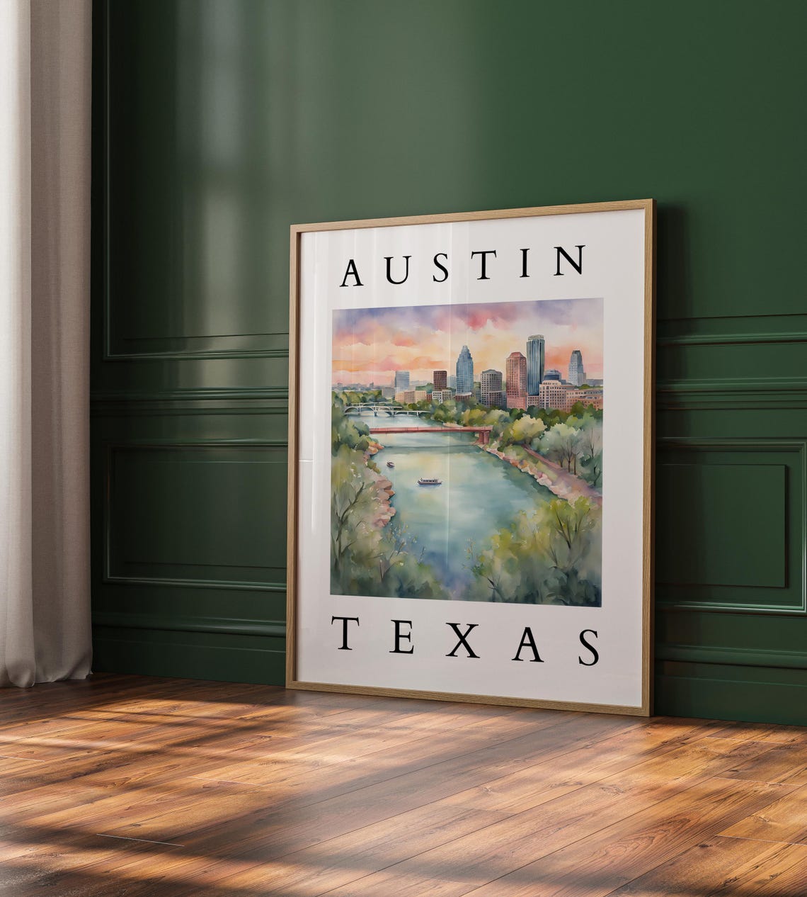 Austin Texas Watercolor Cityscape Wall Art Skyline Decor Modern Travel Poster