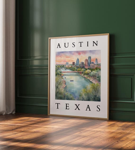 Austin Texas Watercolor Cityscape Wall Art Skyline Decor Modern Travel Poster
