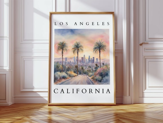 Los Angeles Skyline Watercolor Print Palm Trees Art La Cityscape Wall For Home Decor