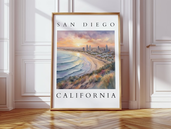 San Diego California Watercolor Travel Poster Beach Sunset Skyline Scene