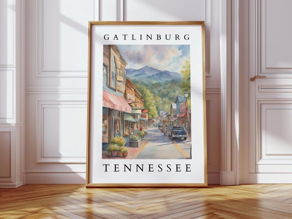 Gatlinburg Tennessee Watercolor Scenic Downtown Street Mountain View Wall Art Travel Dcor