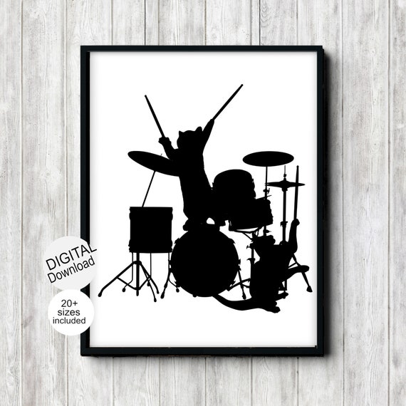 Two Cats Playing Drums Music Studio Cat Art Print