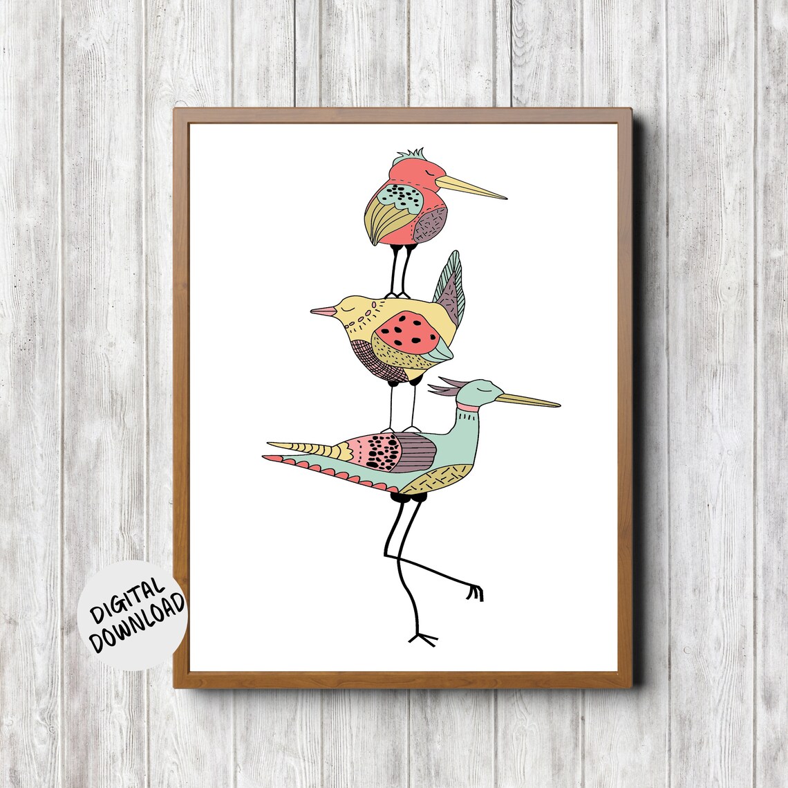 Three Stacked Whimsical Birds Colorful Kids Nursery Art Print