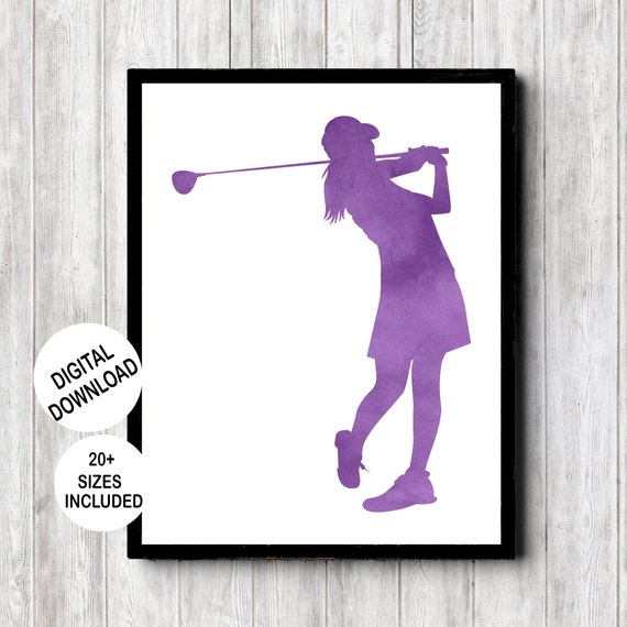 Womens Golf Poster Decor Female Golfer Driving Pose Silhouette Wall Art Golf Gifts For Women Purple Watercolor Golf Girl