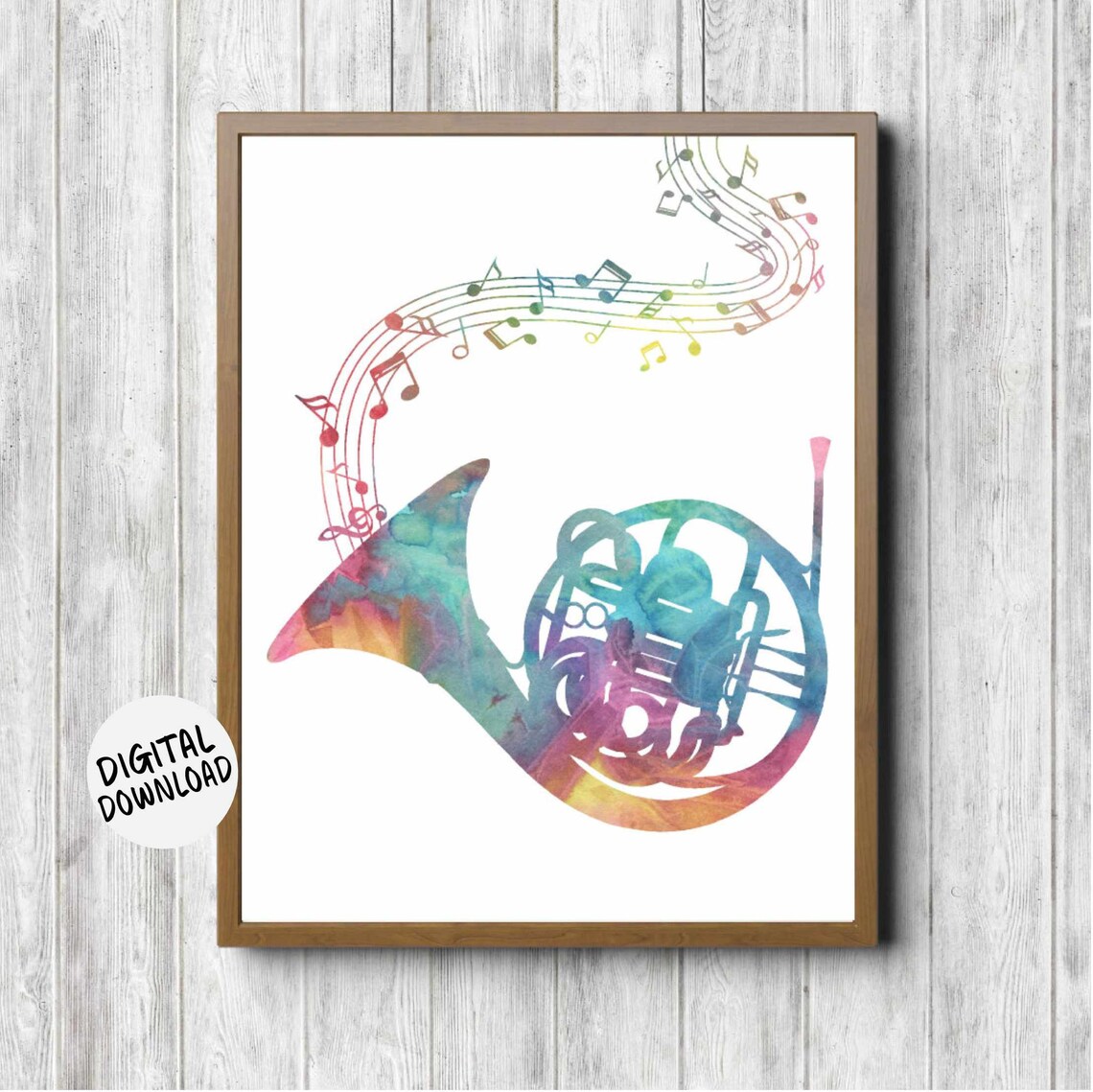 Colorful French Horn Watercolor Music Notes Musician Gift Print
