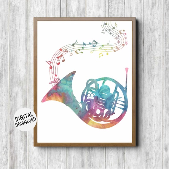 Colorful French Horn Watercolor Music Notes Musician Gift Print