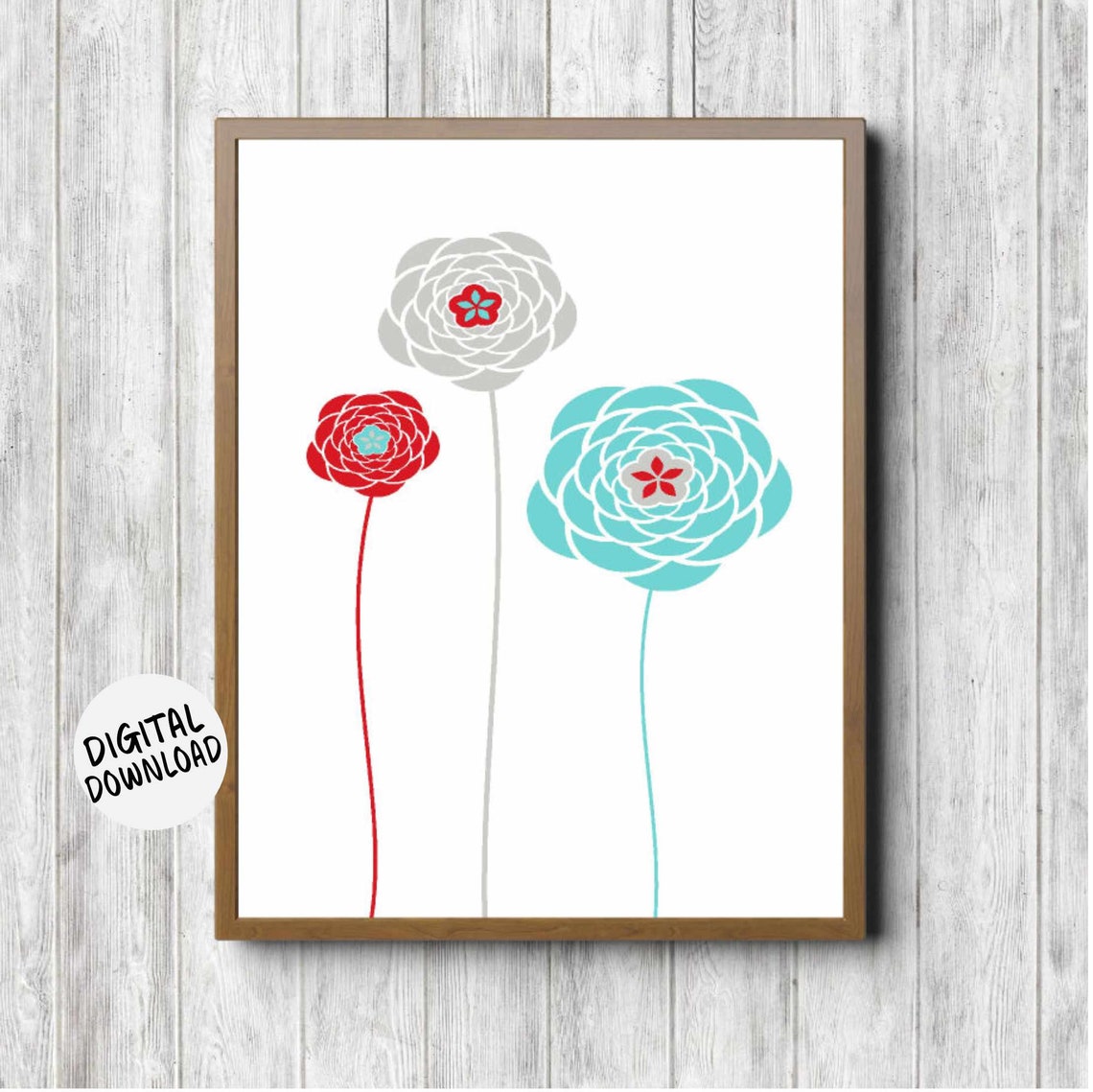 Red Gray and Turquoise Stylized Flower Modern Botanical Art Print