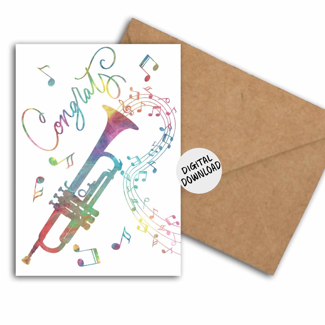 Trumpet Congratulations Card, Watercolor Music Notes Art Print