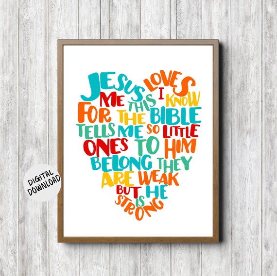 Jesus Loves Me Colorful Heart Word Collage Kids Nursery Faith Print